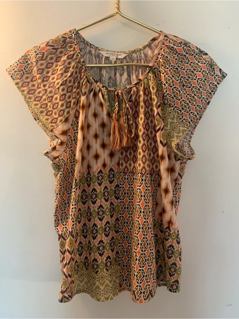 Liverpool Los Angeles geo patchwork tie-front woven top Size XS - Picture 3 of 7